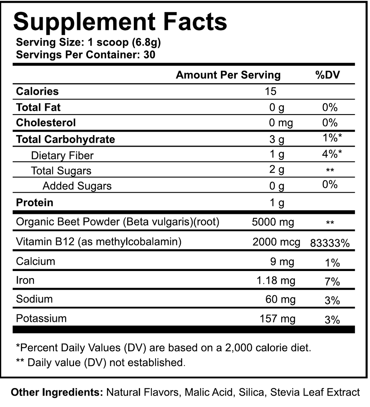 BEET12 Natural Black Cherry original Supplement Facts and Other Ingredients; 1 scoop (6.8 g), 30 servings