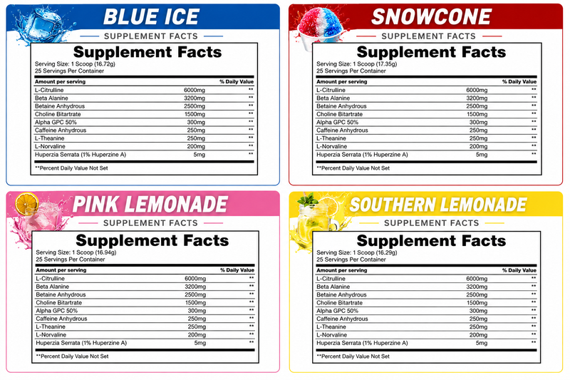 Fixated pre-workout supplement facts for Blue Ice, Snowcone, Pink Lemonade, and Southern Lemonade