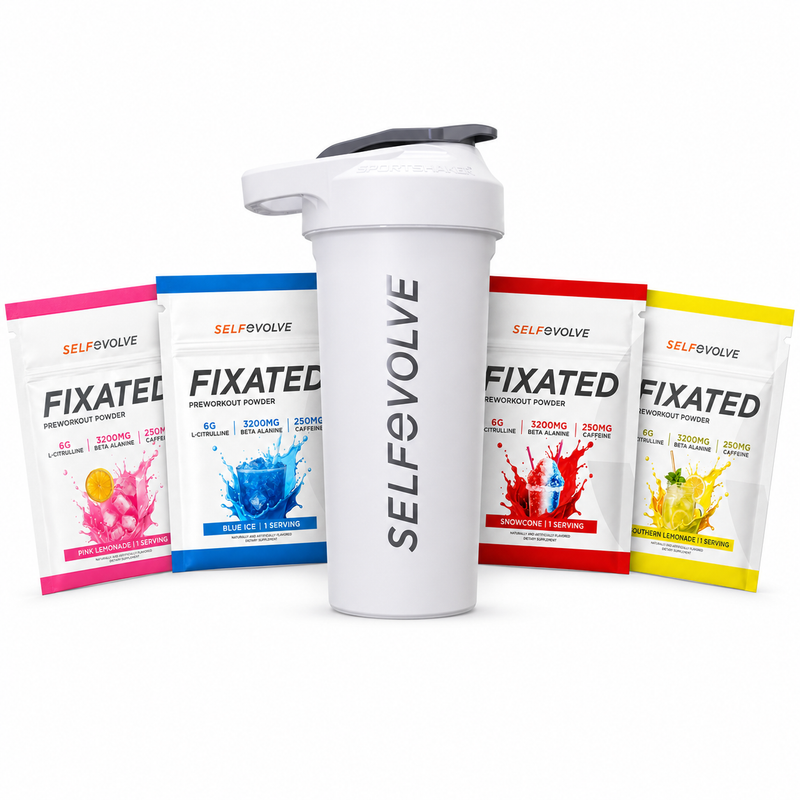 selfevolve Fixated single serving bundle with shaker cup and four flavors