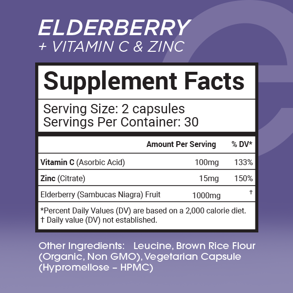 Elderberry + Vitamin C & Zinc 60vcaps  1-Month Supply